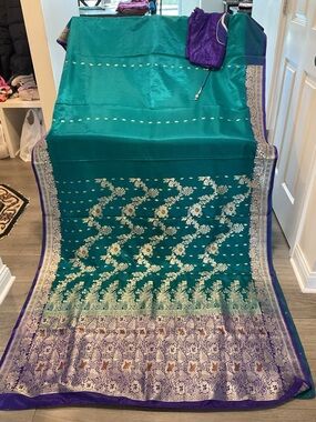 Teal & Purple Woven Floral  woman Saree Sari